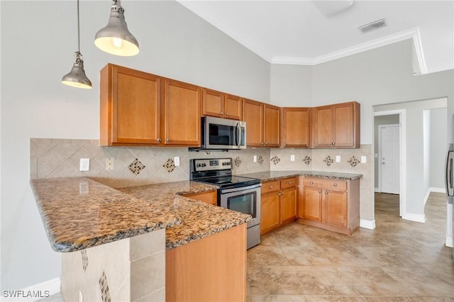 kitchen with visible vents, light stone counters, a peninsula, stainless steel appliances, and crown molding