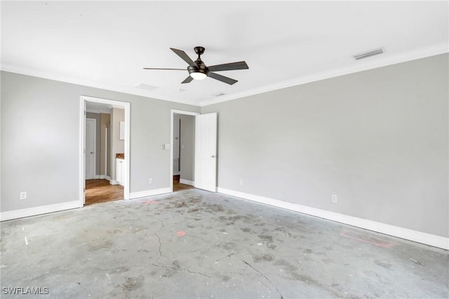 unfurnished bedroom featuring concrete flooring, ensuite bathroom, visible vents, baseboards, and crown molding