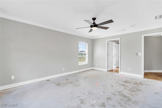 unfurnished bedroom featuring visible vents, concrete floors, baseboards, and a ceiling fan