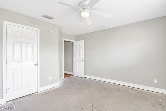 unfurnished bedroom with visible vents, ceiling fan, baseboards, and unfinished concrete floors