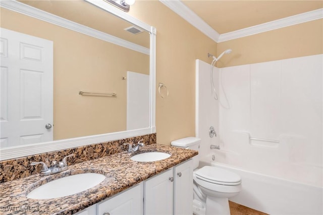 bathroom featuring ornamental molding, visible vents, a sink, and toilet