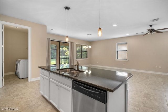 kitchen with a center island with sink, visible vents, dishwasher, white cabinetry, and a sink