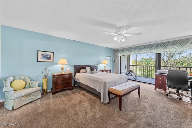 bedroom with a textured ceiling, carpet, a ceiling fan, and access to outside