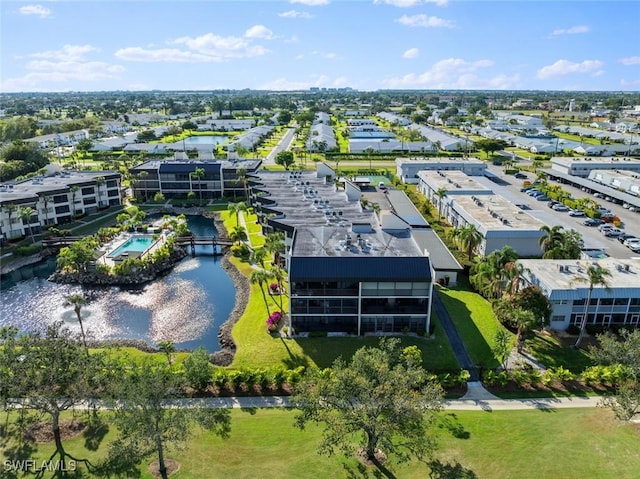 aerial view featuring a water view