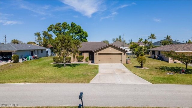 ranch-style home featuring a garage, driveway, a front lawn, and stucco siding