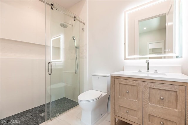 bathroom with toilet, a shower stall, and vanity