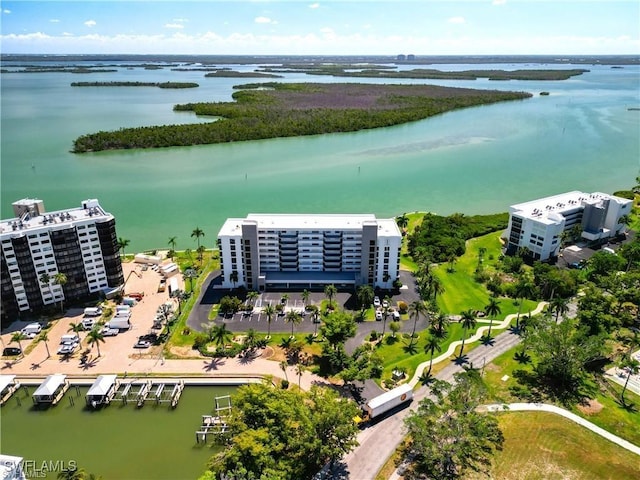 drone / aerial view featuring a water view