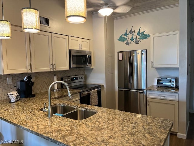 kitchen with stainless steel appliances, a sink, visible vents, and decorative backsplash