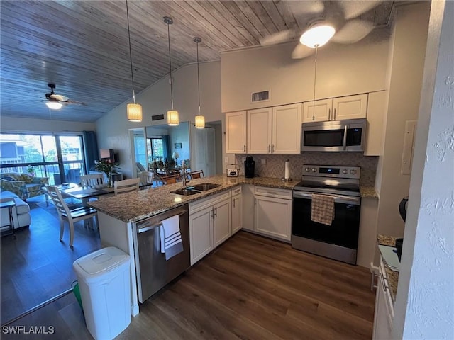 kitchen with a peninsula, a sink, visible vents, white cabinets, and appliances with stainless steel finishes