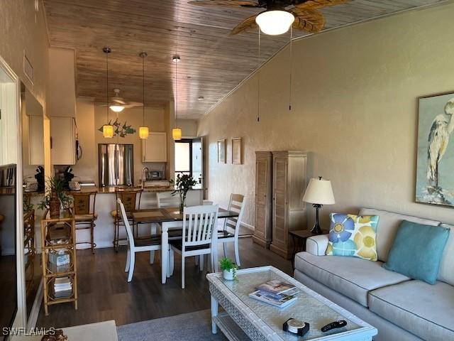 living area featuring a ceiling fan, wooden ceiling, and wood finished floors