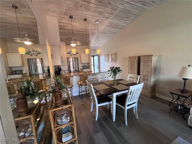 dining room featuring dark wood-type flooring, wooden ceiling, high vaulted ceiling, and baseboards