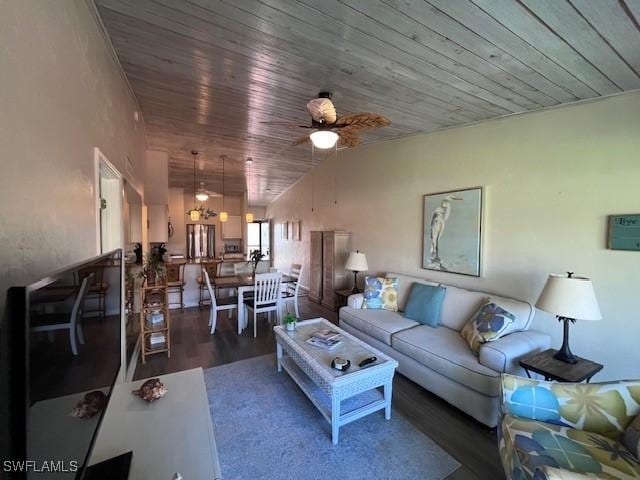 living area with lofted ceiling, wooden ceiling, ceiling fan, and wood finished floors