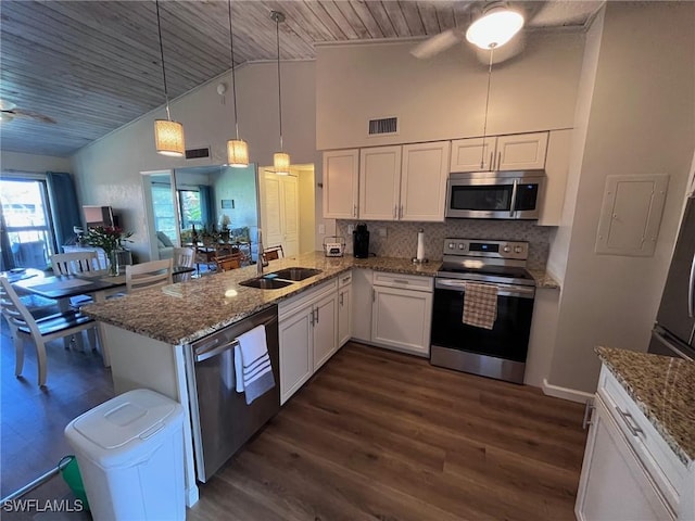 kitchen with ceiling fan, stone countertops, stainless steel appliances, a sink, and white cabinets