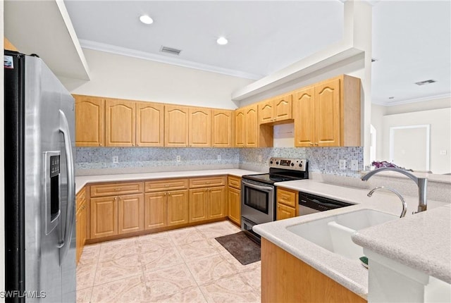 kitchen featuring stainless steel appliances, visible vents, ornamental molding, and light brown cabinets