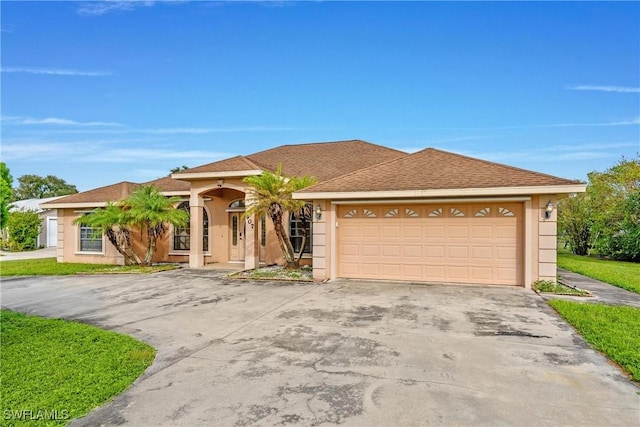 view of front of home featuring driveway, roof with shingles, an attached garage, and stucco siding