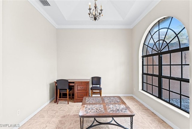 office featuring a tray ceiling, crown molding, a notable chandelier, visible vents, and baseboards