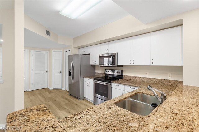 kitchen with light stone counters, stainless steel appliances, a sink, visible vents, and white cabinetry