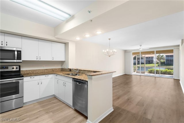 kitchen featuring stainless steel appliances, a peninsula, a sink, white cabinets, and open floor plan