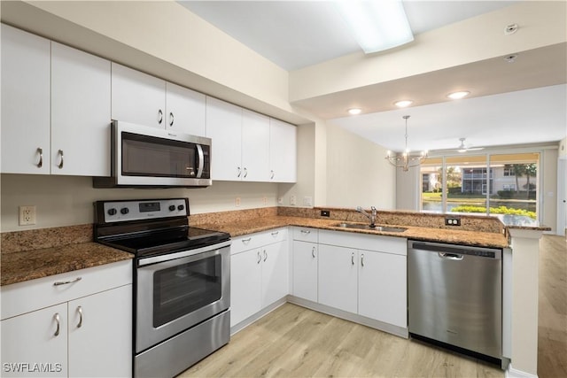 kitchen with white cabinets, light wood-style flooring, appliances with stainless steel finishes, a peninsula, and a sink