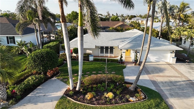 view of front of property featuring a front yard, concrete driveway, an attached garage, and stucco siding