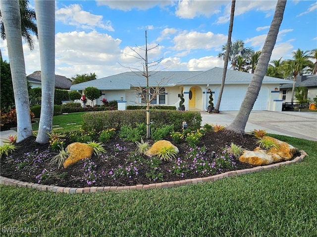 ranch-style home with a garage, concrete driveway, and a front yard