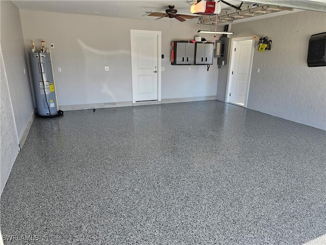6048 Birnam Wood Ln, Fort Myers, FL 33908 - garage featuring ceiling fan, electric water heater, baseboards, electric panel, and a garage door opener