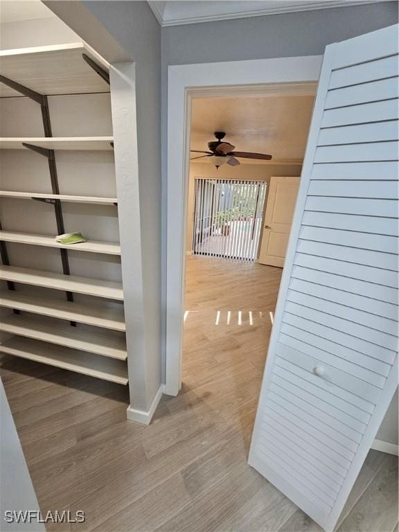6048 Birnam Wood Ln, Fort Myers, FL 33908 - hallway with crown molding, baseboards, and wood finished floors