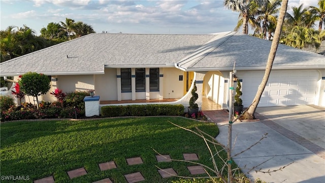 6048 Birnam Wood Ln, Fort Myers, FL 33908 - ranch-style home featuring a garage, concrete driveway, roof with shingles, a front lawn, and stucco siding