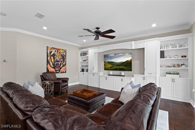 living area with dark wood-style floors, visible vents, crown molding, and recessed lighting