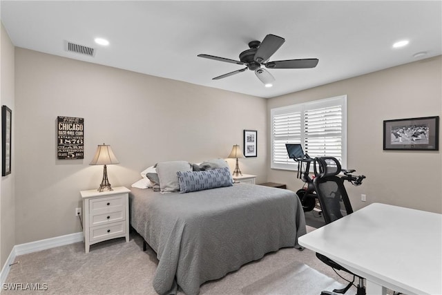 bedroom featuring recessed lighting, light carpet, a ceiling fan, visible vents, and baseboards