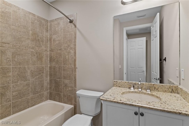 full bath with toilet, visible vents, tub / shower combination, and vanity