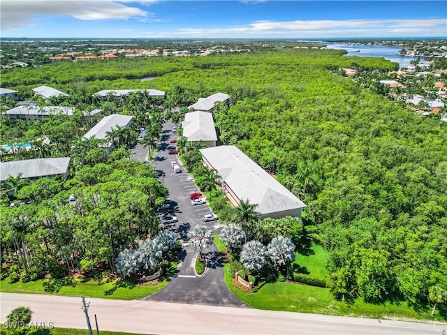 drone / aerial view with a water view and a view of trees