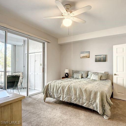 bedroom featuring access to exterior, carpet flooring, and a ceiling fan