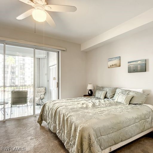 bedroom featuring ceiling fan, carpet, and access to exterior