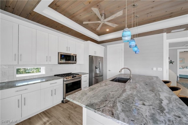 kitchen with tasteful backsplash, wooden ceiling, light wood-style flooring, stainless steel appliances, and a sink