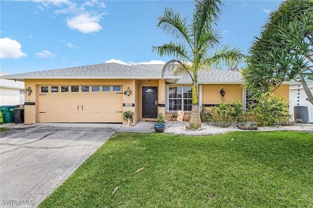 single story home with driveway, a front yard, and stucco siding