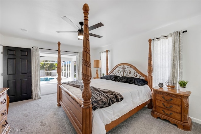 bedroom featuring a ceiling fan, access to outside, light carpet, and baseboards