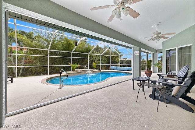 pool featuring a lanai, a patio area, and ceiling fan