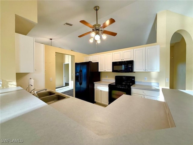 kitchen with visible vents, white cabinets, a ceiling fan, black appliances, and a sink