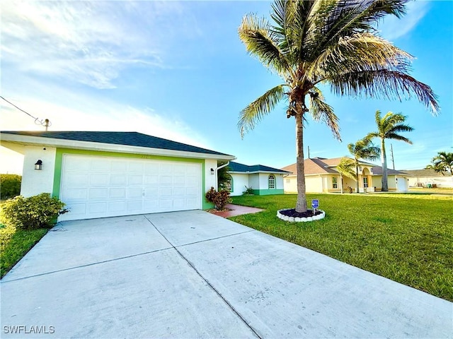 ranch-style home with an attached garage, a front lawn, concrete driveway, and stucco siding