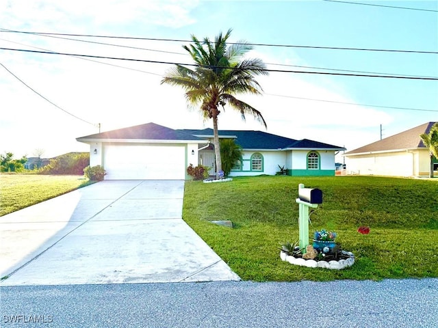 single story home with an attached garage, stucco siding, concrete driveway, and a front yard