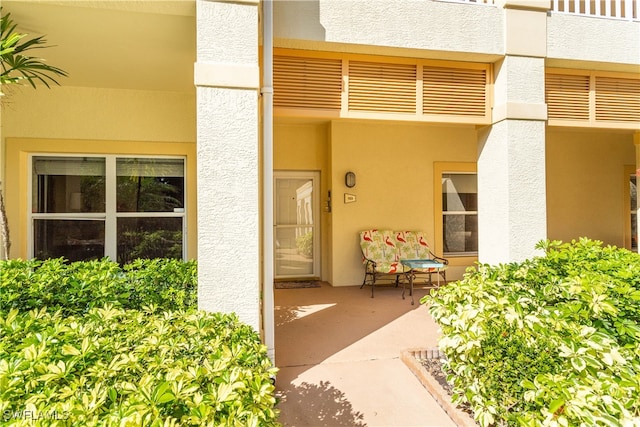 view of exterior entry with stucco siding