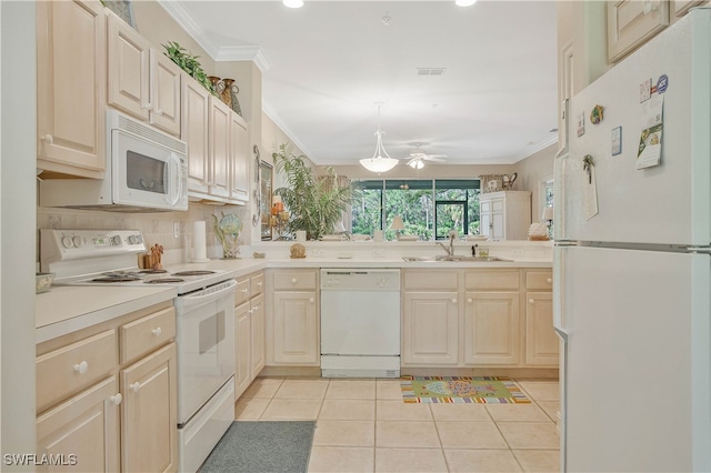 kitchen with white appliances, tasteful backsplash, ornamental molding, a sink, and light tile patterned flooring