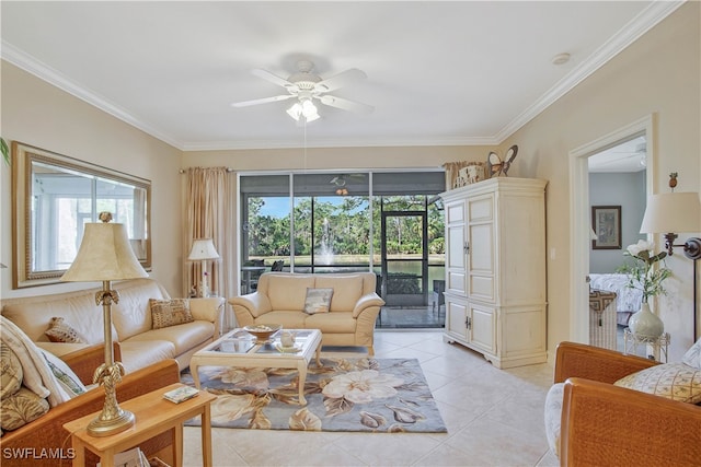 living area with ceiling fan, ornamental molding, plenty of natural light, and light tile patterned flooring