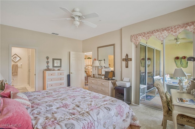 bedroom with light tile patterned floors, visible vents, a ceiling fan, and ensuite bathroom