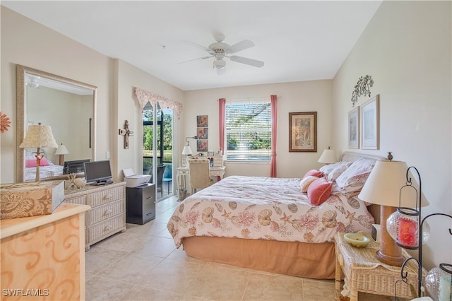 bedroom with light tile patterned floors, access to outside, and a ceiling fan