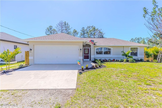 ranch-style home with stucco siding, an attached garage, concrete driveway, and a front lawn