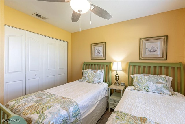 bedroom with a ceiling fan, visible vents, and a closet