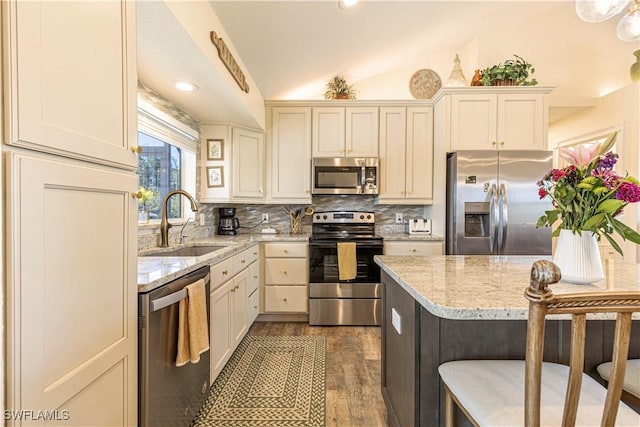 kitchen with a sink, decorative backsplash, appliances with stainless steel finishes, and wood finished floors