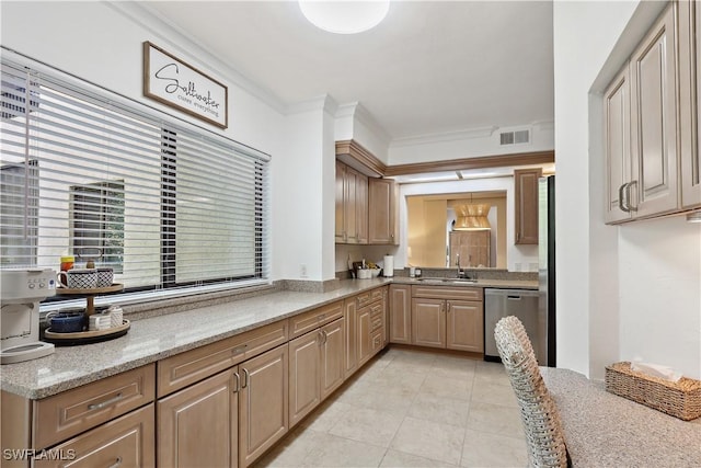 kitchen with light stone counters, crown molding, visible vents, a sink, and dishwasher